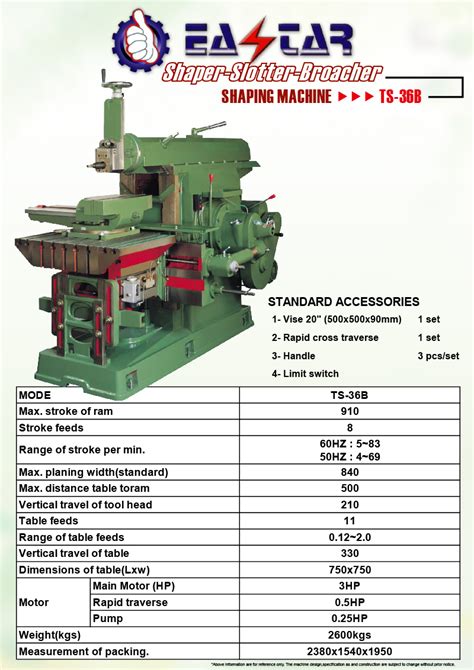 specification of shaper machine